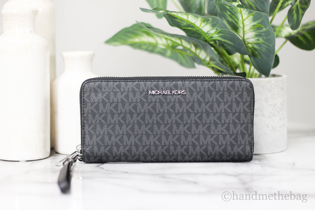 Michael Kors Jet Set Large Black Signature Continental Travel Wristlet Wallet